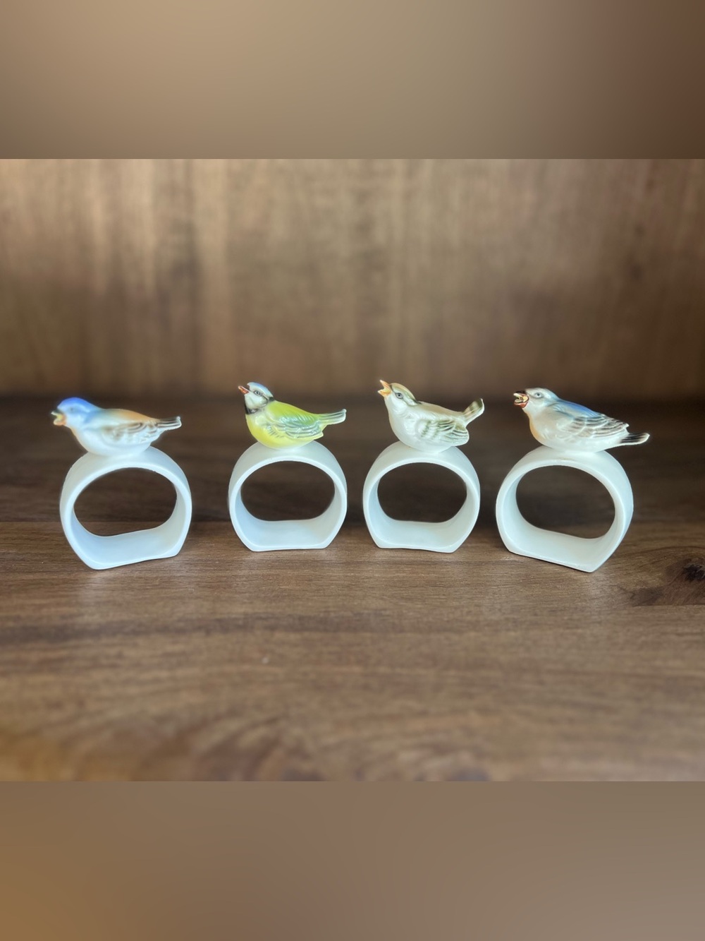Vintage Bone China Bird Napkin Rings Set of 4, Miniature Porcelain Songbirds